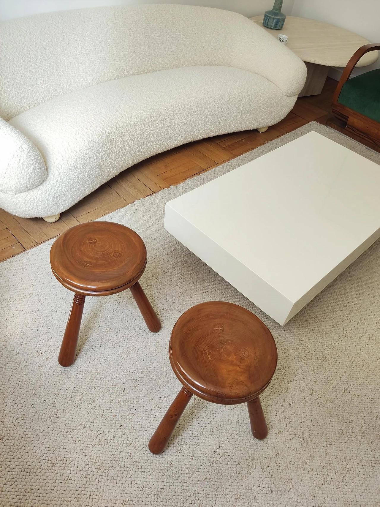 Pair of wooden tripod stools in the style of Charlotte Perriand, 1970s 4