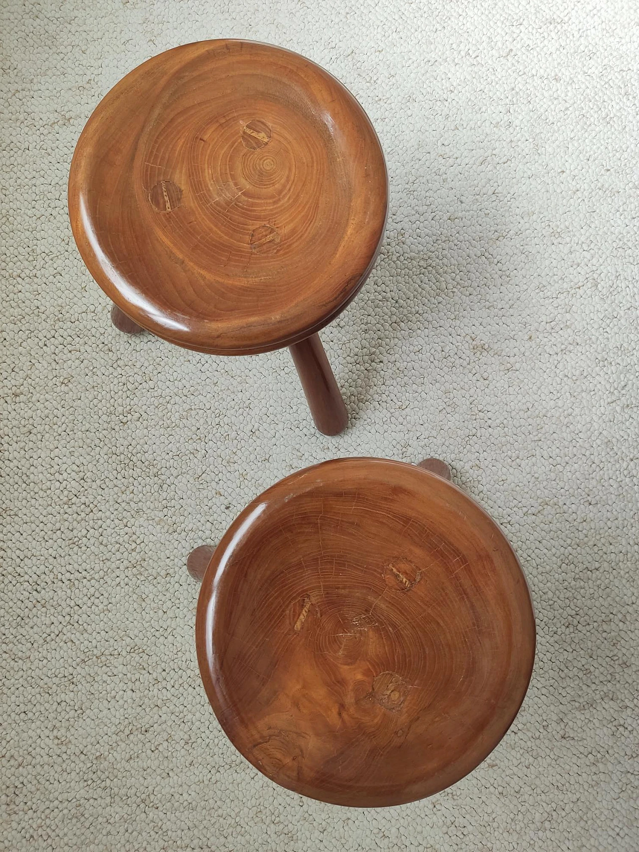 Pair of wooden tripod stools in the style of Charlotte Perriand, 1970s 11