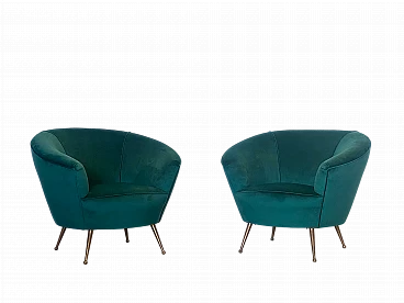 Pair of armchairs in green velvet & brass feet by ISA Bergamo, 1950s