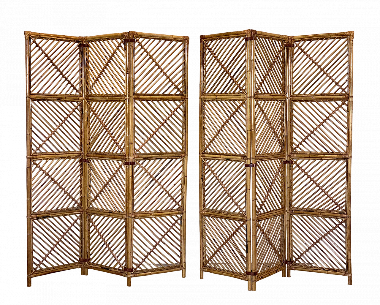 Pair of rush and bamboo screens with leather bindings, 1970s 9