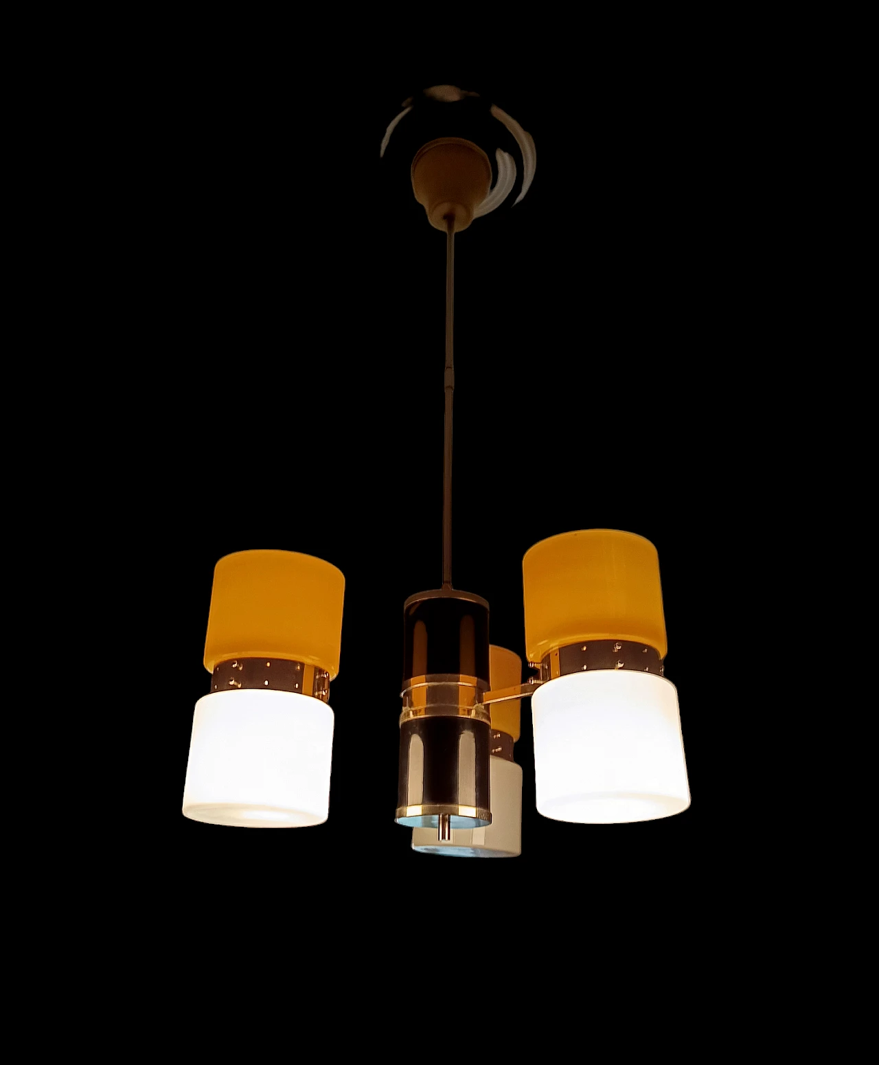 3-Light chandelier in yellow metal & glass, 1970s 3