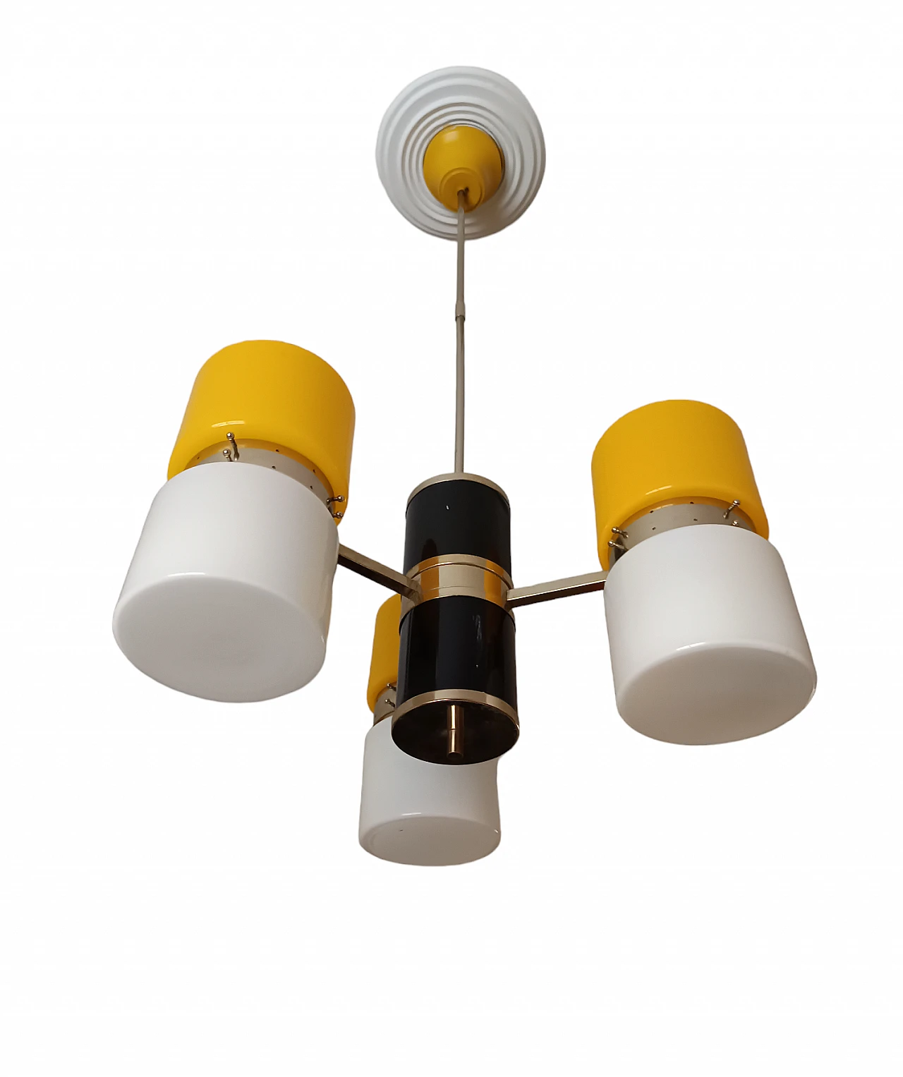 3-Light chandelier in yellow metal & glass, 1970s 4