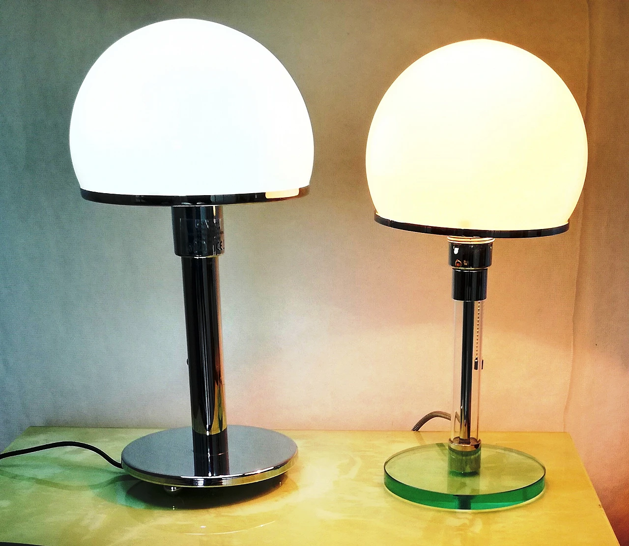 Pair of Bauhaus style metal and glass table lamps, 1990s 1