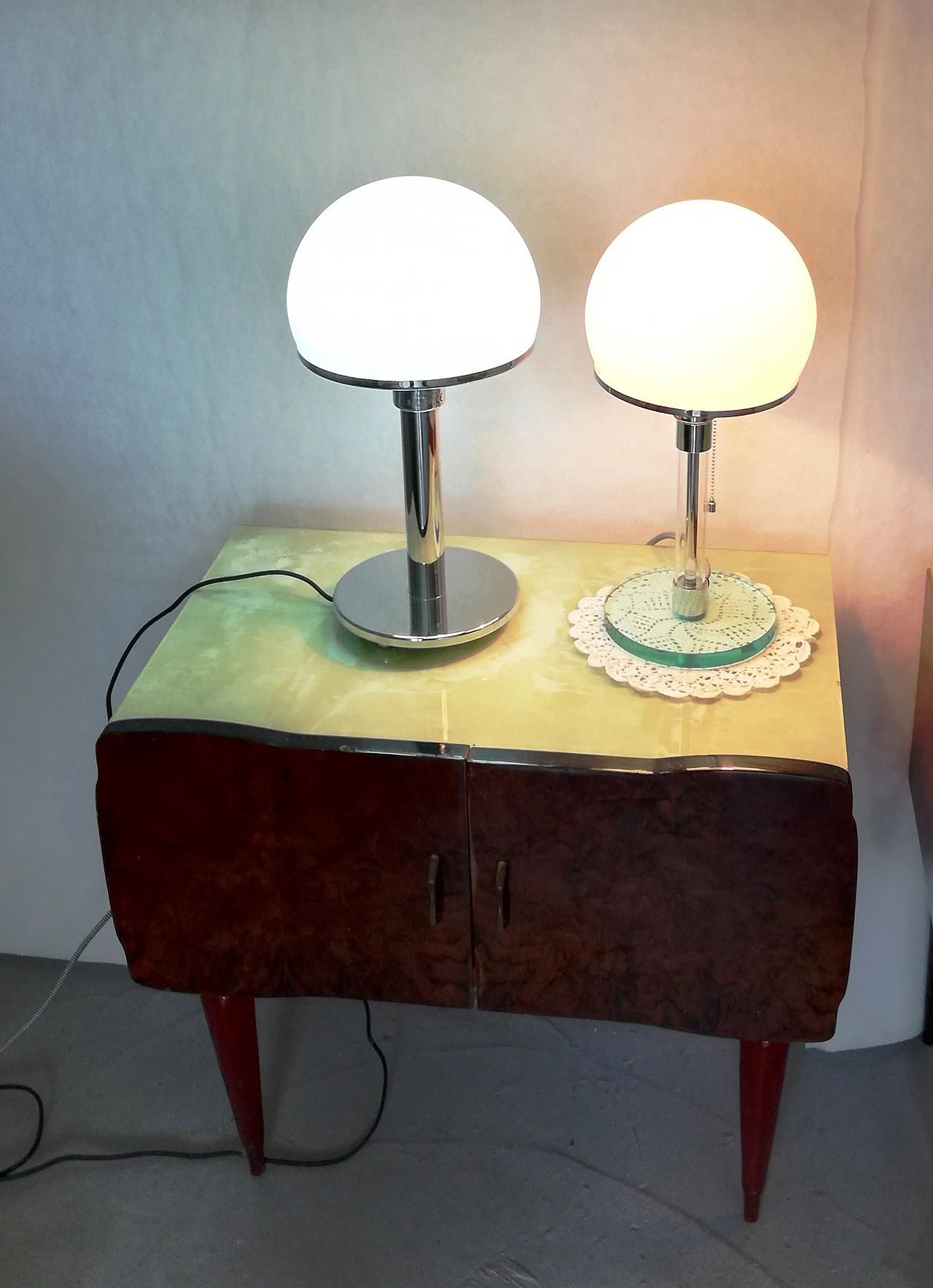 Pair of Bauhaus style metal and glass table lamps, 1990s 2