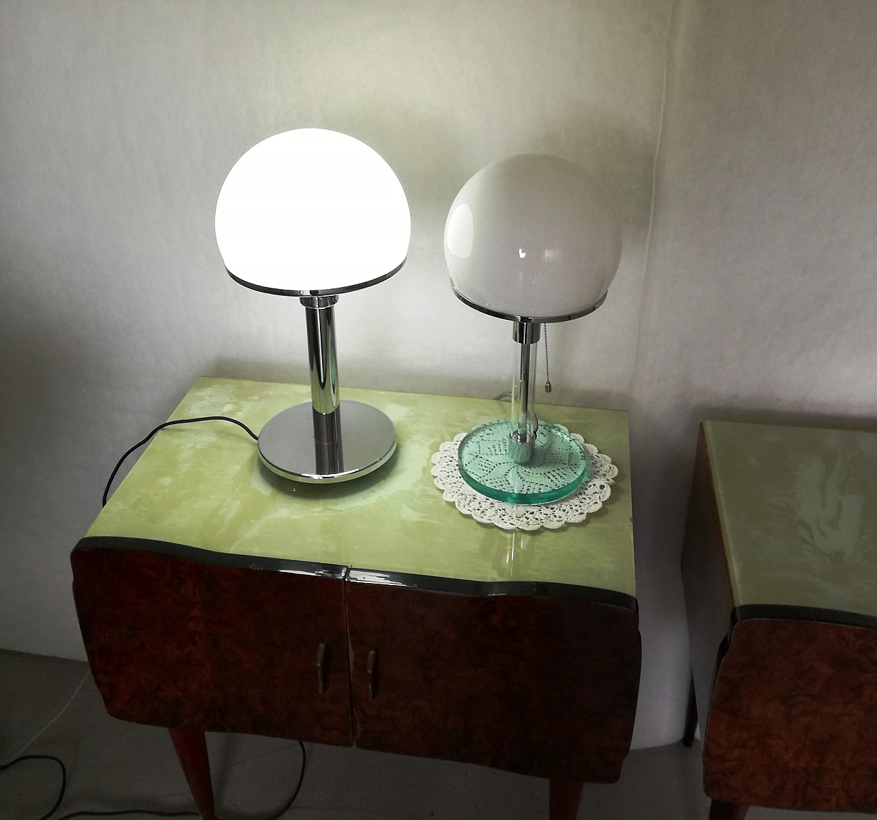 Pair of Bauhaus style metal and glass table lamps, 1990s 4