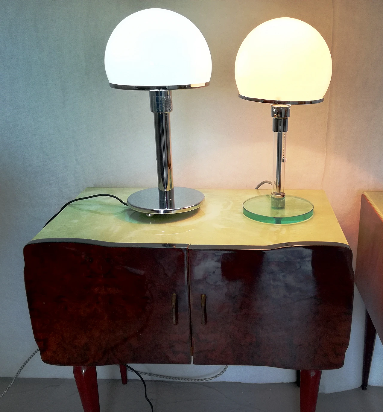 Pair of Bauhaus style metal and glass table lamps, 1990s 5