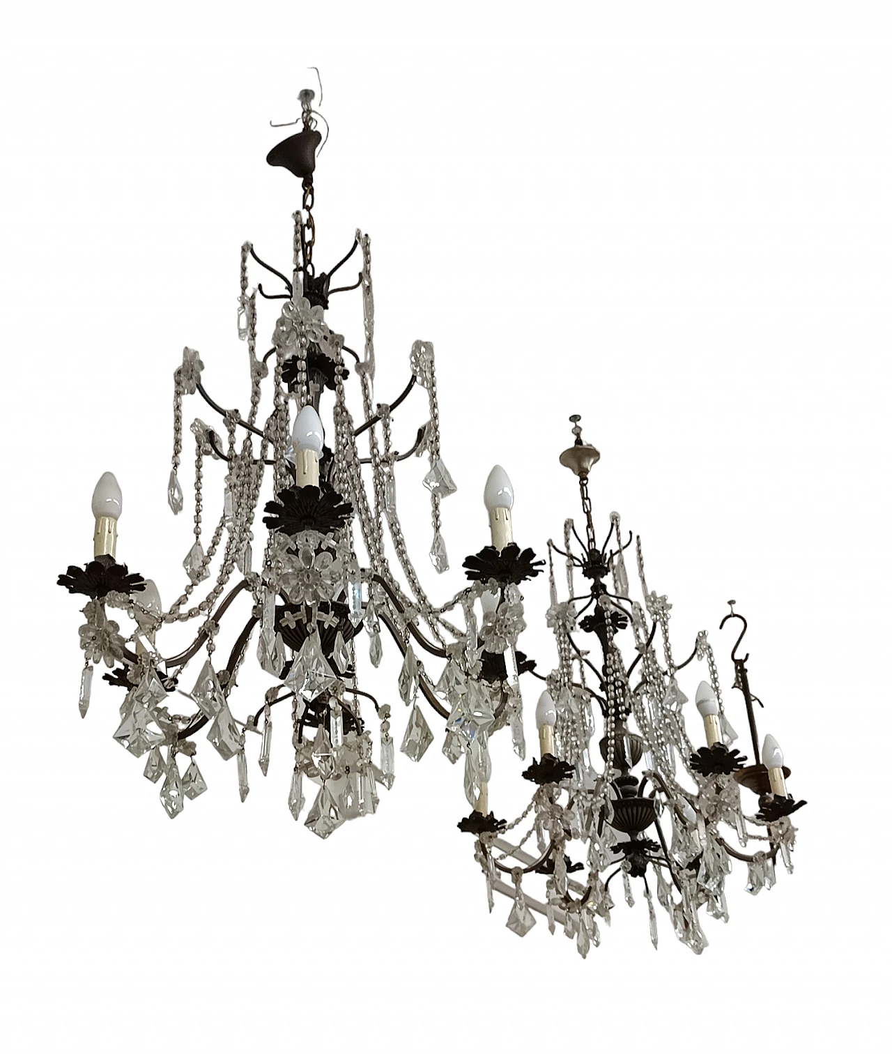 Pair of chandeliers with Murano glass pendants & crystal bobeches 2