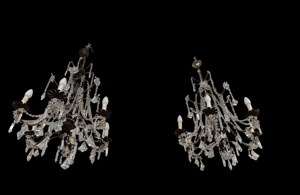 Pair of chandeliers with Murano glass pendants & crystal bobeches 3