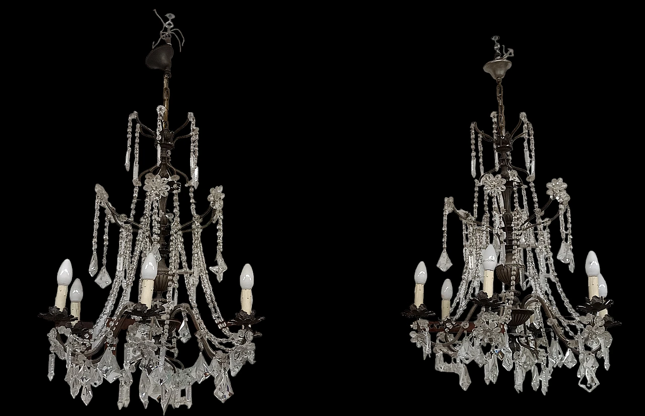 Pair of chandeliers with Murano glass pendants & crystal bobeches 5