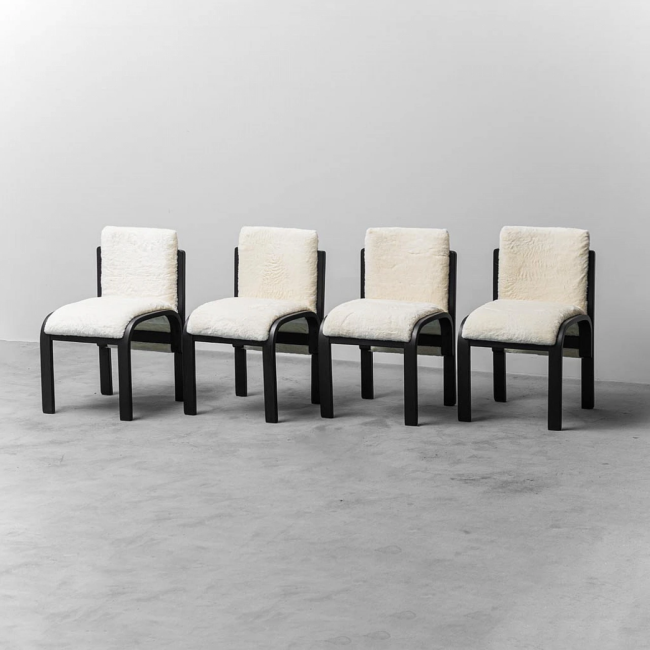 4 Chairs in wood and white long pile velvet, 1970s 1