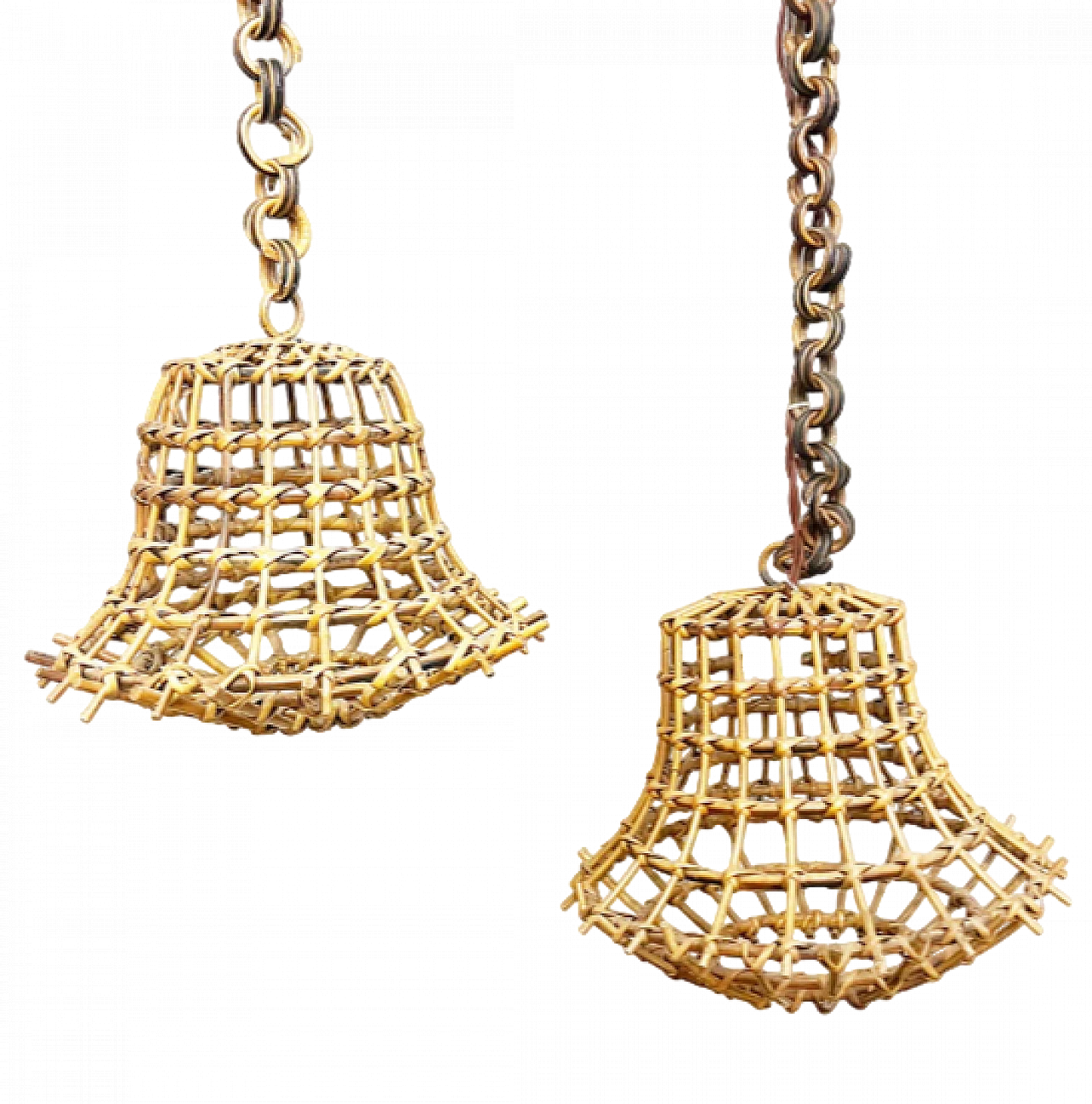 Pair of woven bamboo hanging lamps, 1950s 2