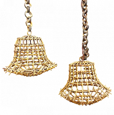 Pair of woven bamboo hanging lamps, 1950s