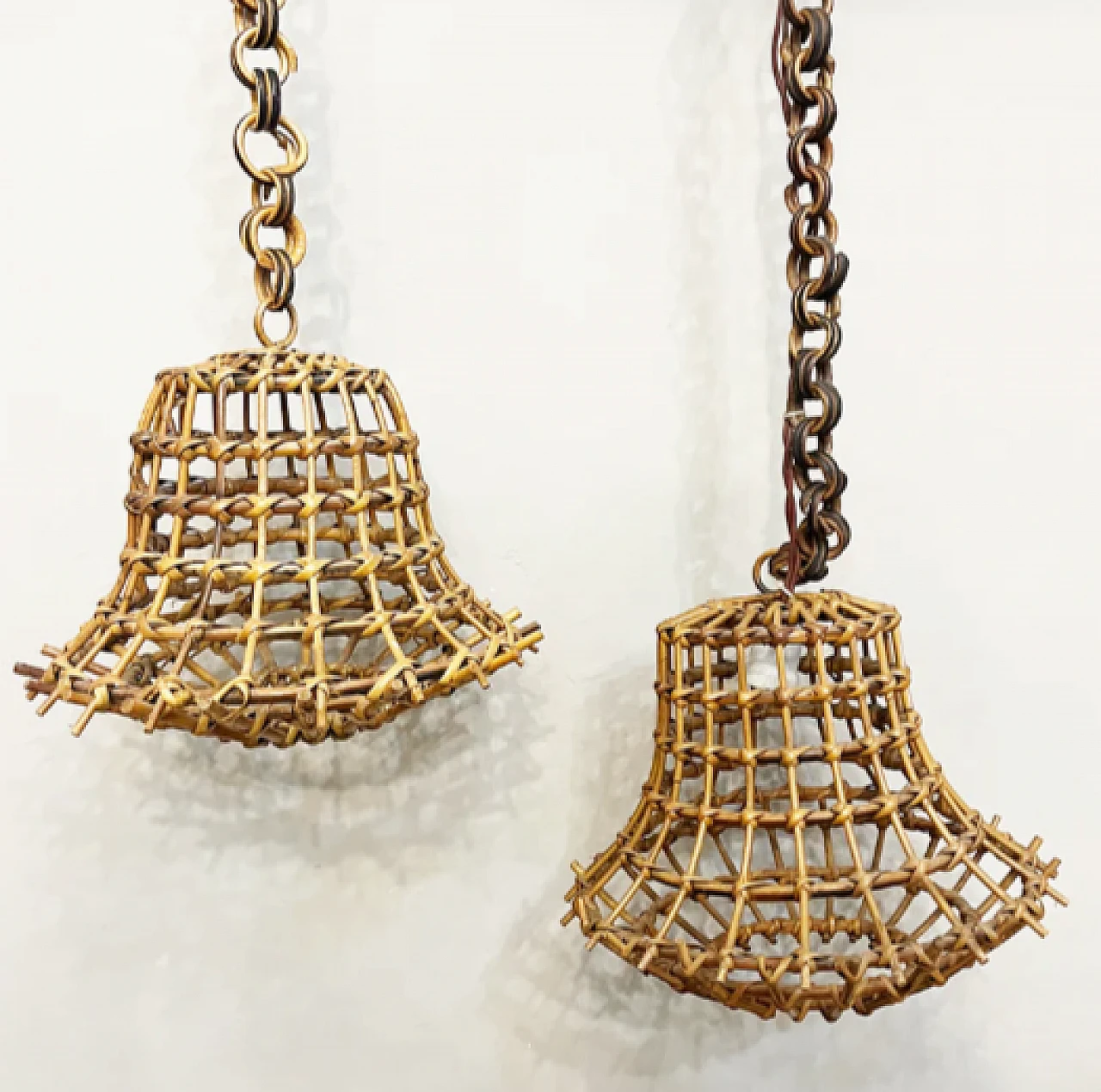 Pair of woven bamboo hanging lamps, 1950s 5