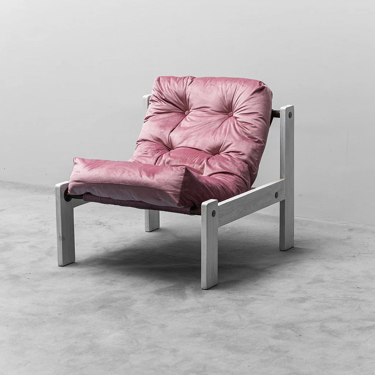 White wood and pink velvet armchair, 1970s 1