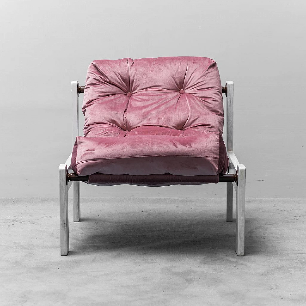 White wood and pink velvet armchair, 1970s 6