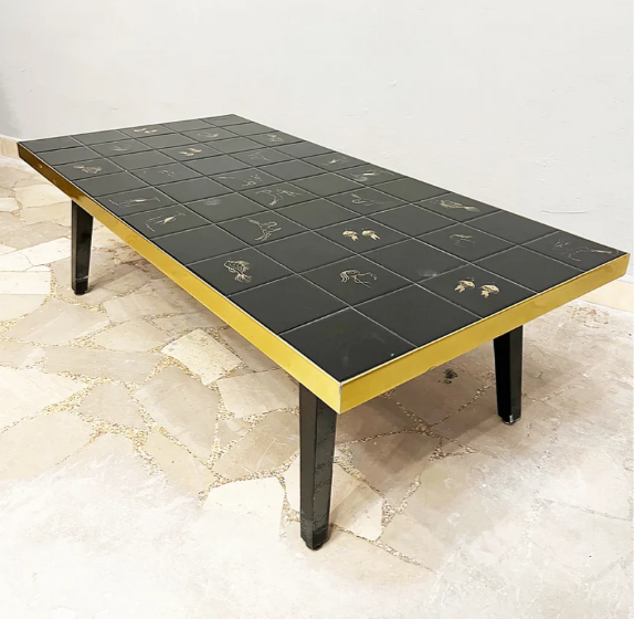 Wood, black majolica and brass coffee table, 1970s 3