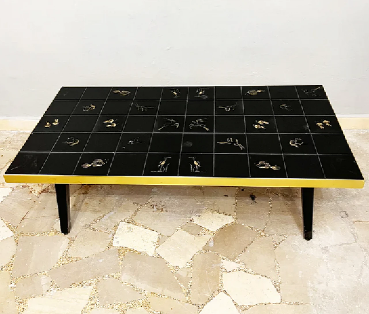 Wood, black majolica and brass coffee table, 1970s 4