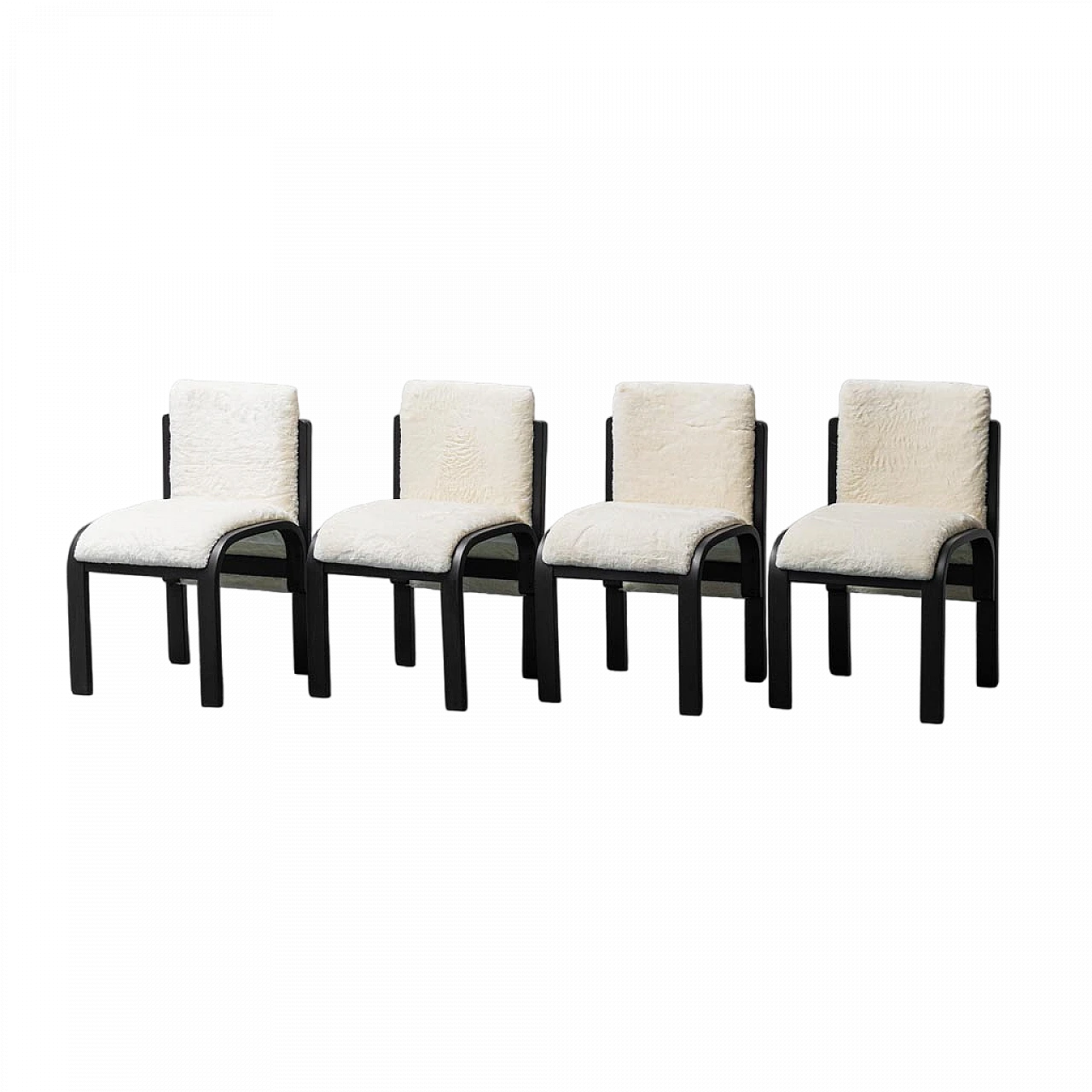 4 Chairs in wood and white long pile velvet, 1970s 11