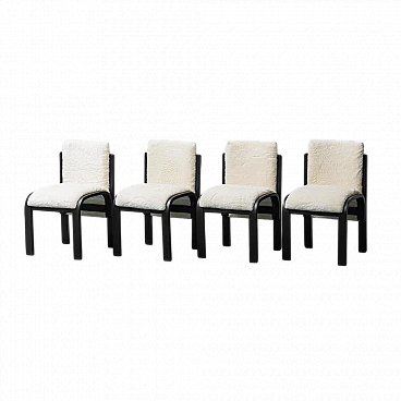 4 Chairs in wood and white long pile velvet, 1970s