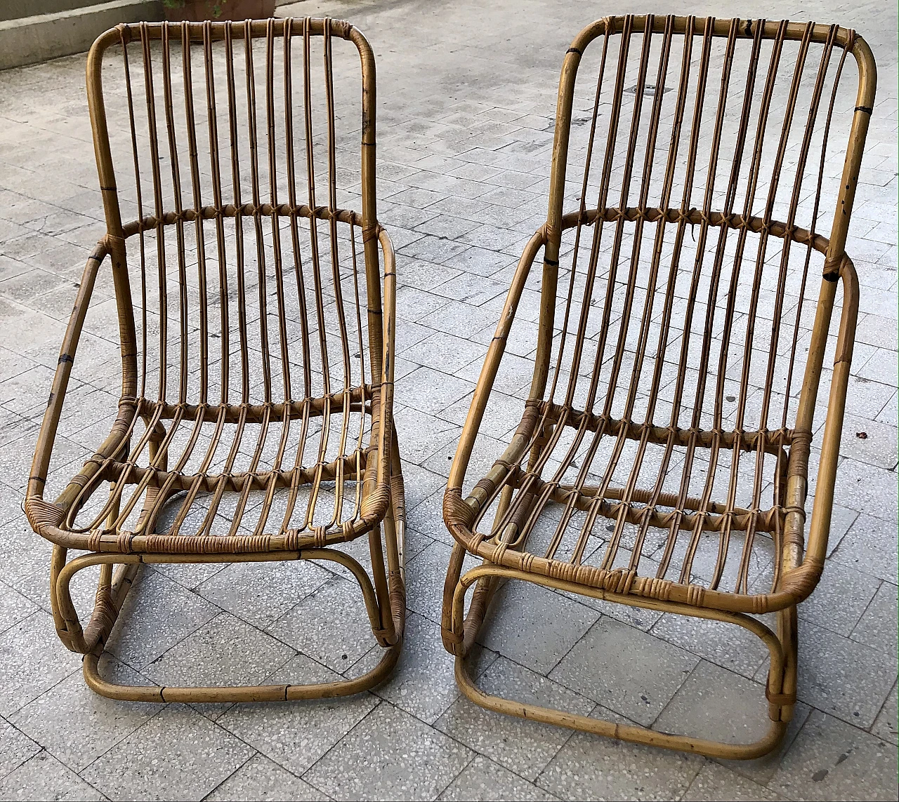 Pair of rattan armchairs, 1950s 1