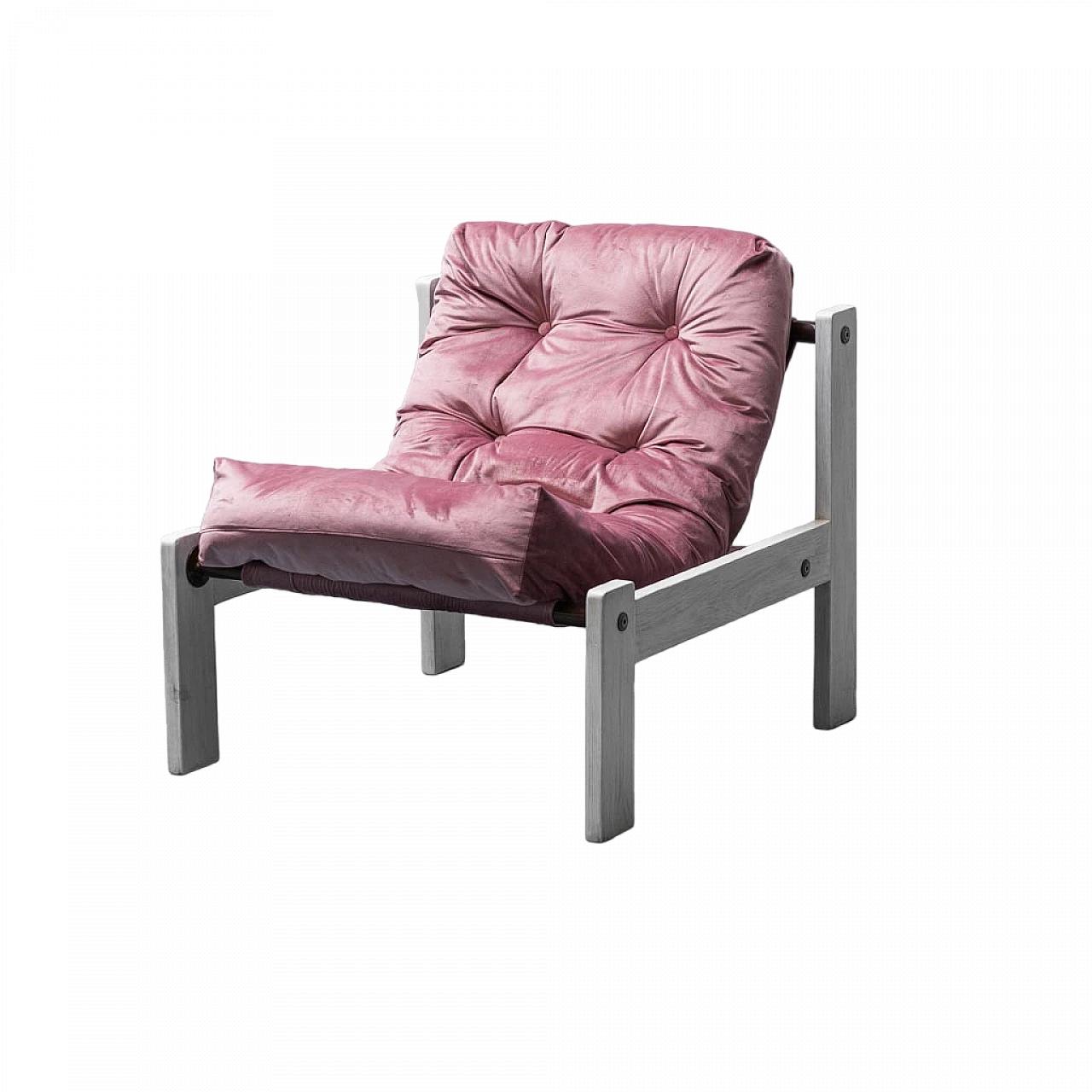 White wood and pink velvet armchair, 1970s 11