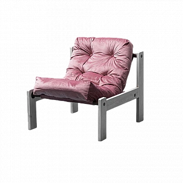 White wood and pink velvet armchair, 1970s
