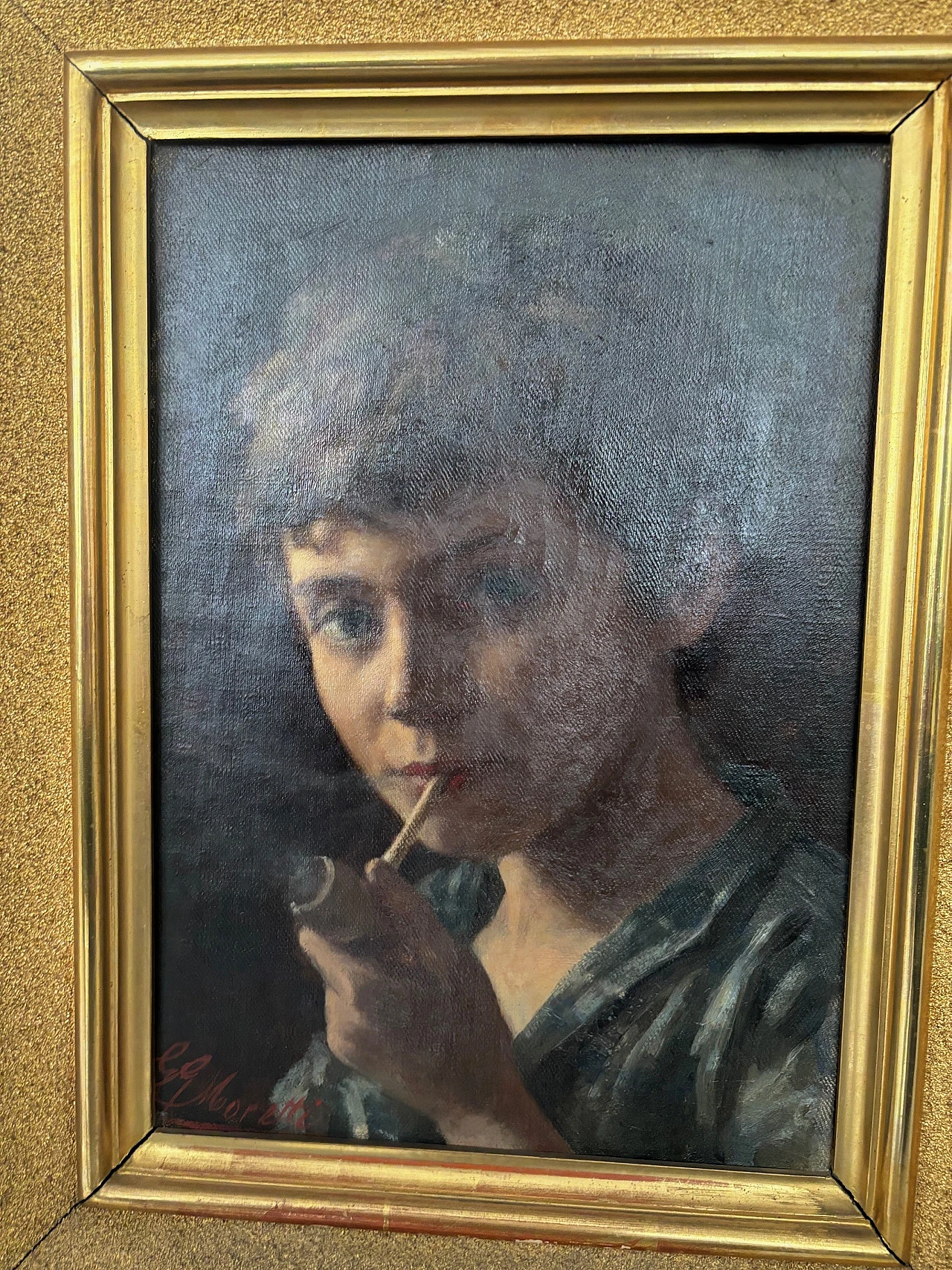 Painting of a young man smoking a pipe, early 20th century 4