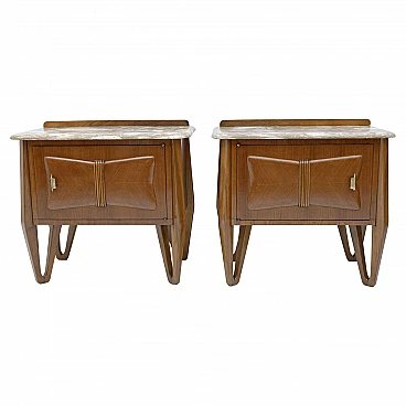 Pair of bedside tables in walnut and marble, 1950s