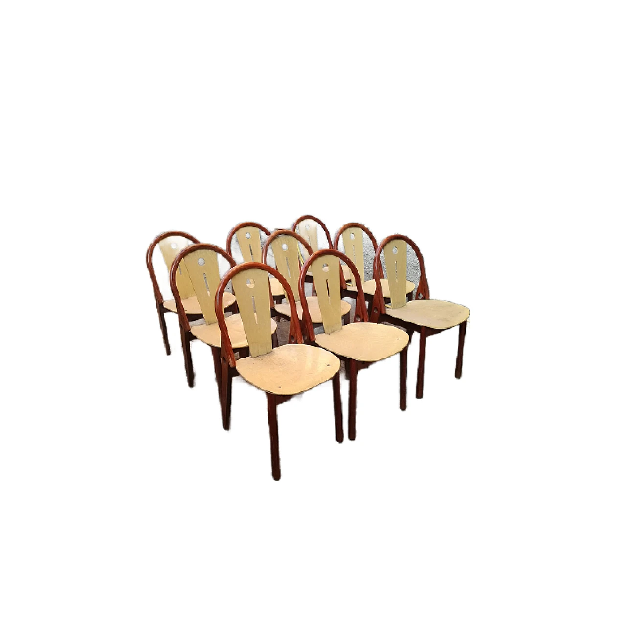 9 Chairs in stained beech by Baumann, 1960s 1