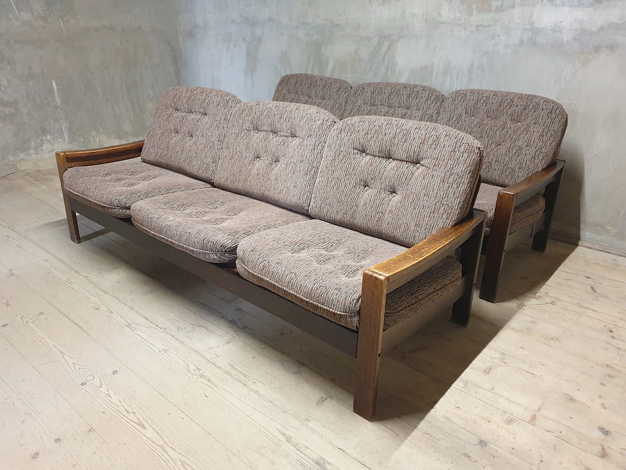 Scandinavian style three-seater beech and fabric sofa, 1980s 10