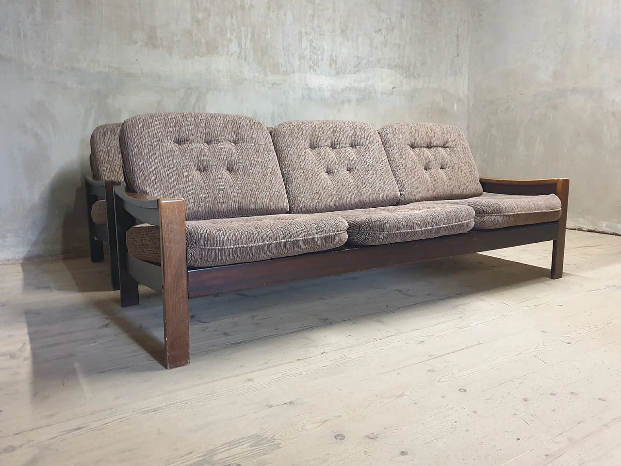 Scandinavian style three-seater beech and fabric sofa, 1980s 13