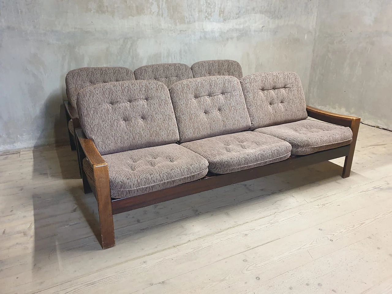 Scandinavian style three-seater beech and fabric sofa, 1980s 14