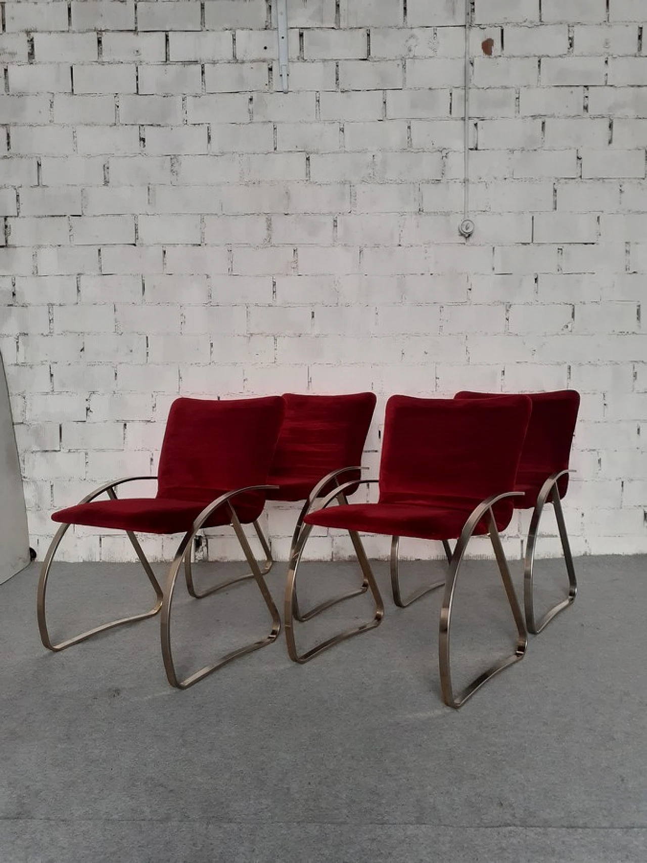 4 Armchairs with nickel-plated structure & red velvet covering, 1970s 1