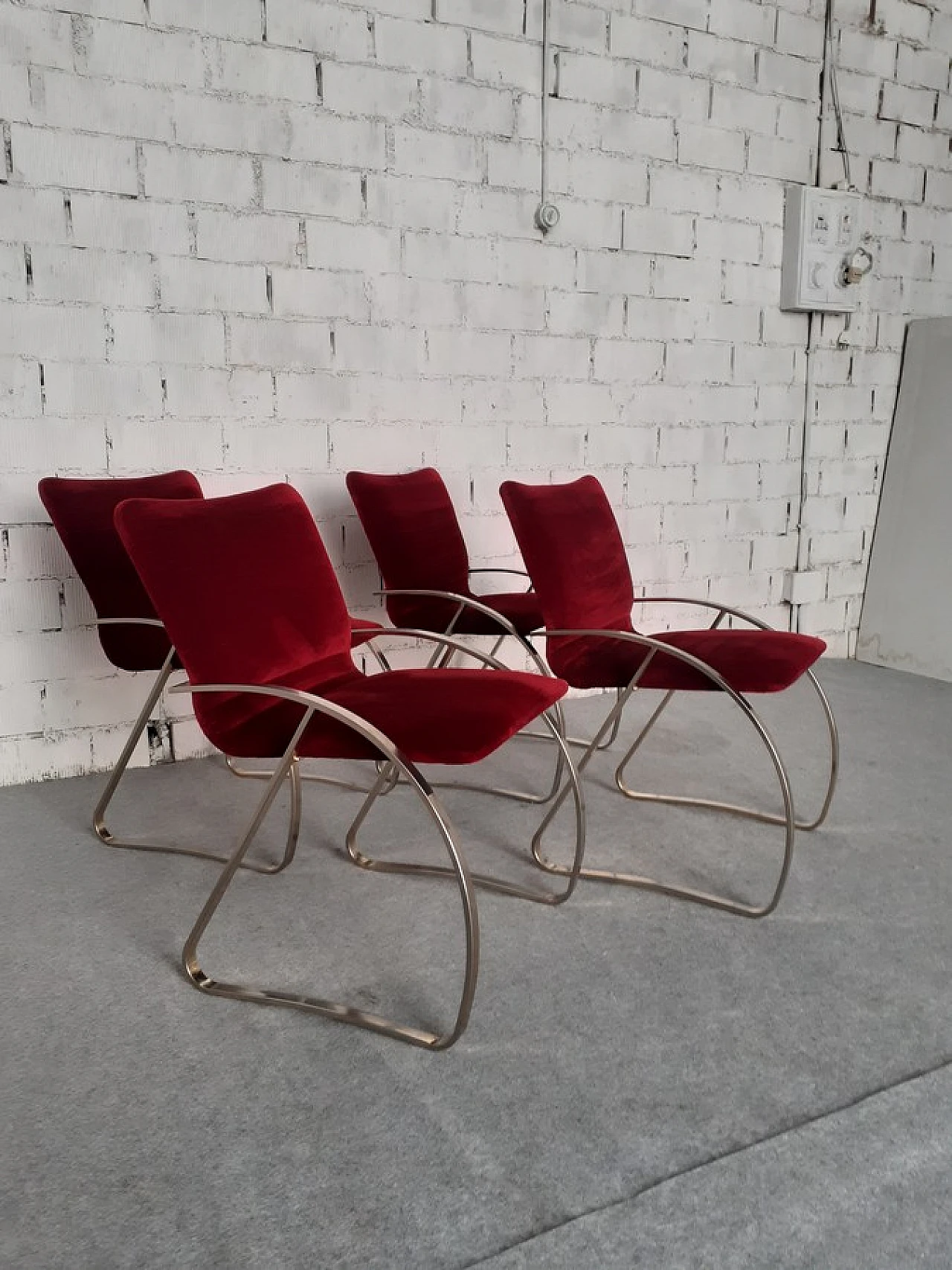 4 Armchairs with nickel-plated structure & red velvet covering, 1970s 2