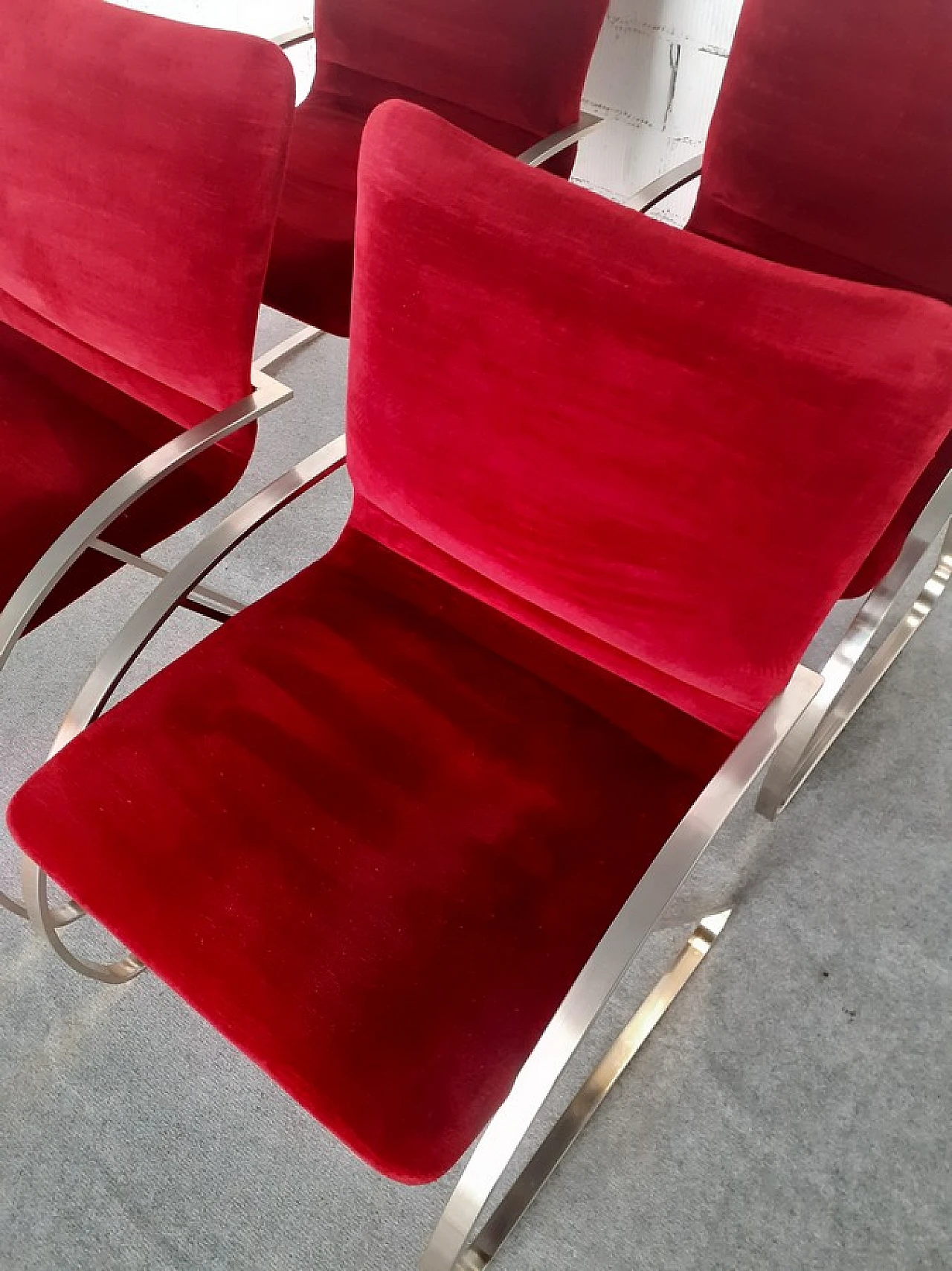 4 Armchairs with nickel-plated structure & red velvet covering, 1970s 3