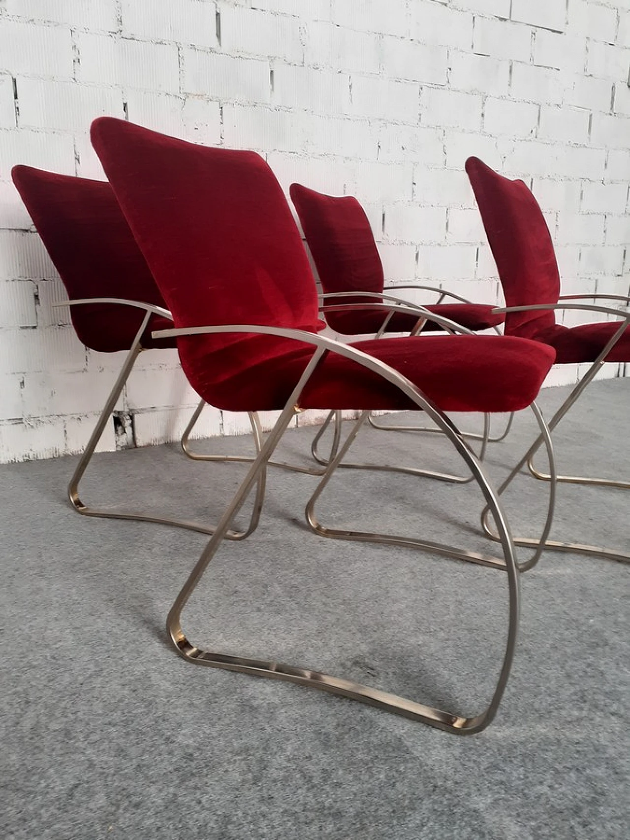 4 Armchairs with nickel-plated structure & red velvet covering, 1970s 4