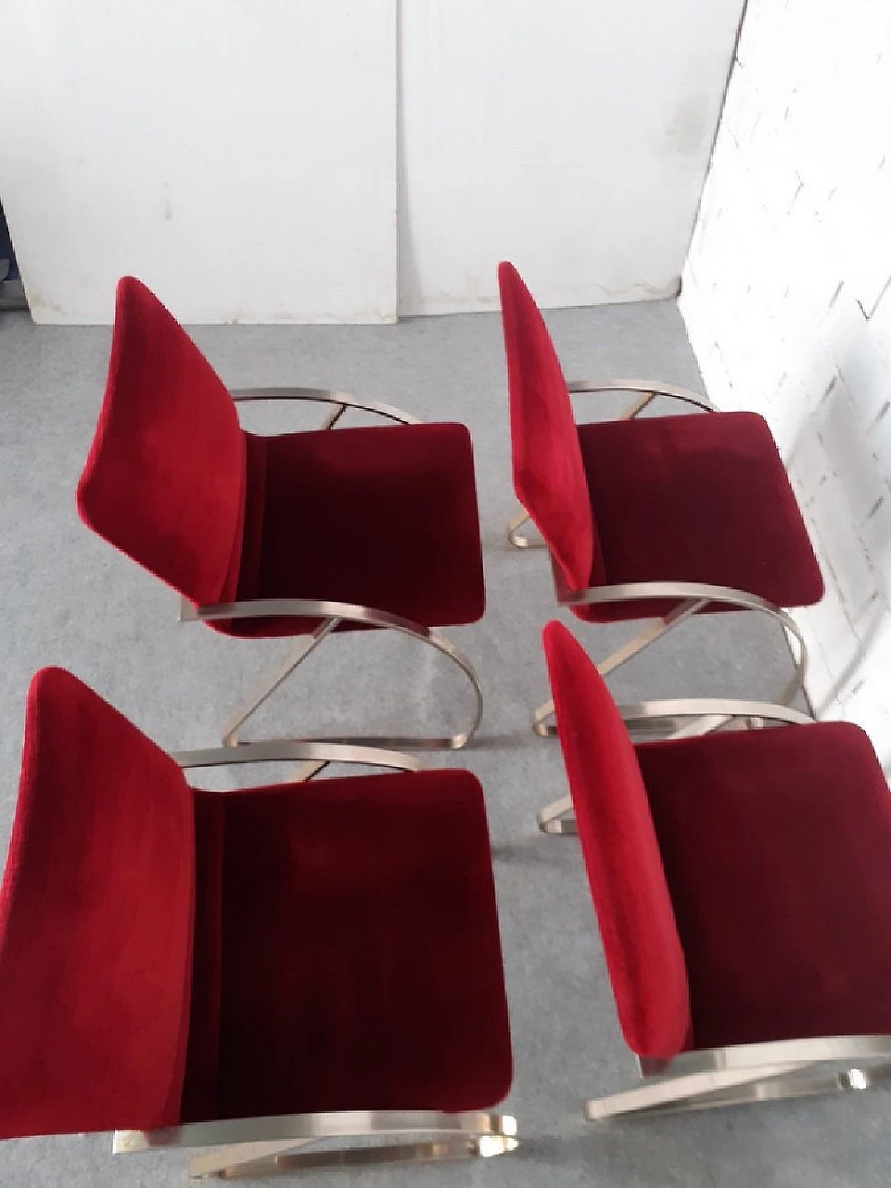 4 Armchairs with nickel-plated structure & red velvet covering, 1970s 5