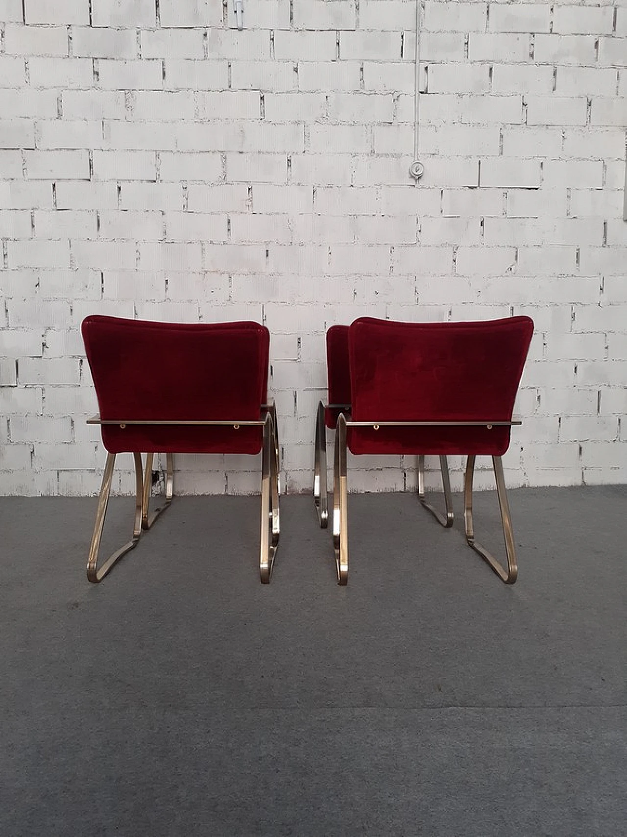 4 Armchairs with nickel-plated structure & red velvet covering, 1970s 6