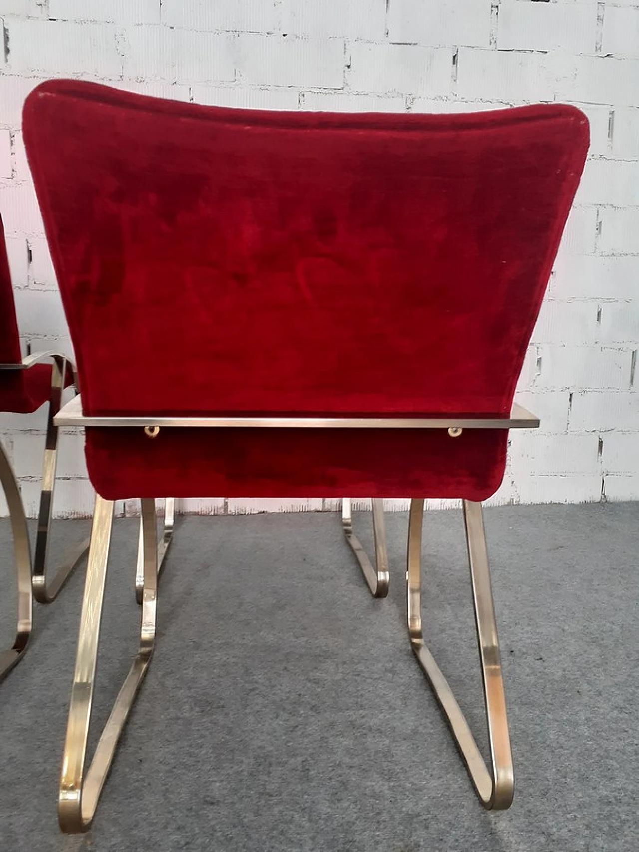 4 Armchairs with nickel-plated structure & red velvet covering, 1970s 9