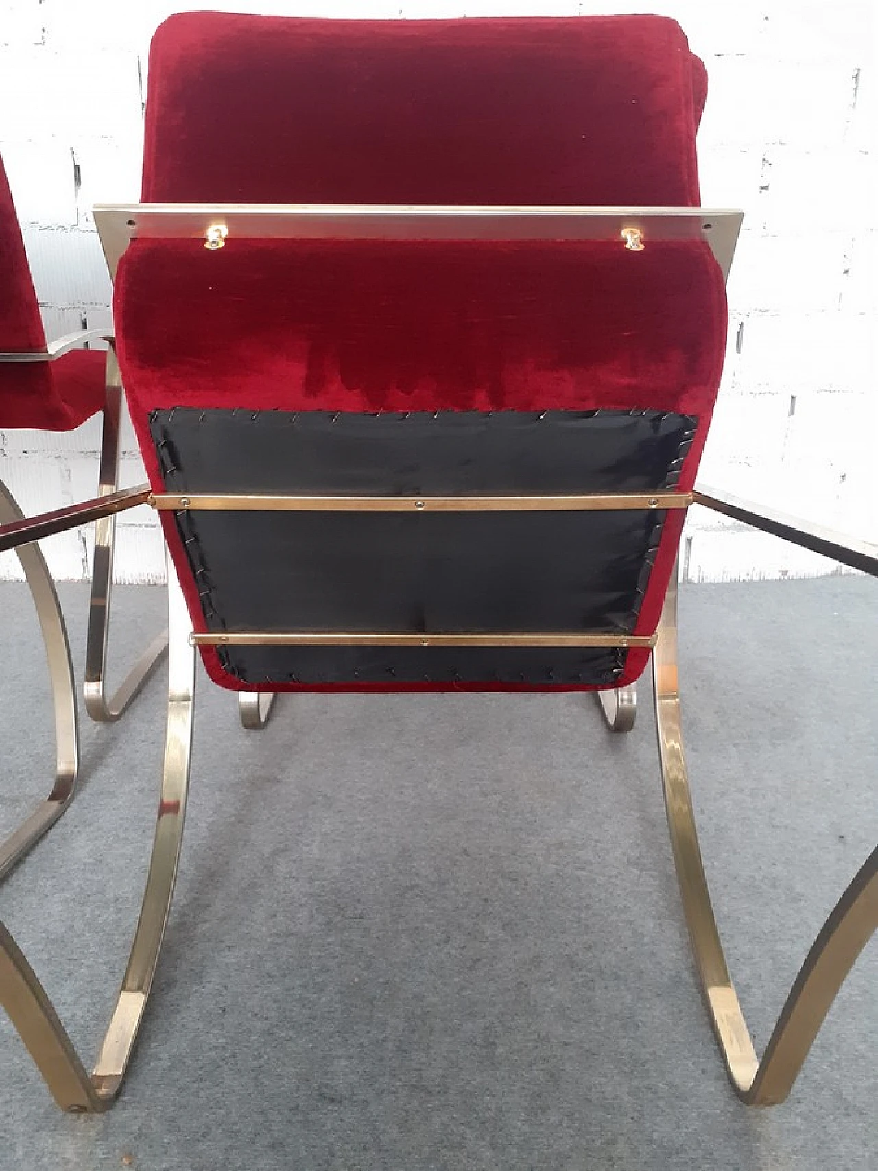 4 Armchairs with nickel-plated structure & red velvet covering, 1970s 10