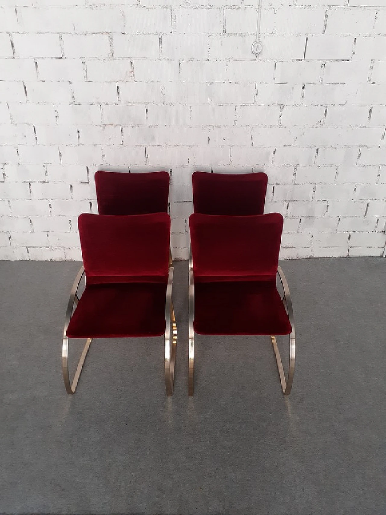 4 Armchairs with nickel-plated structure & red velvet covering, 1970s 11