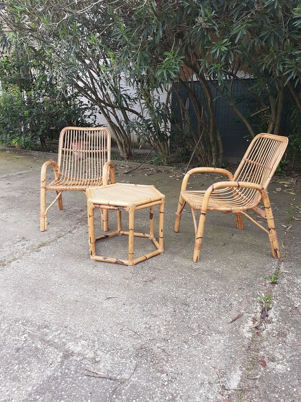 Pair of bamboo chairs and coffee table, 1970s 1