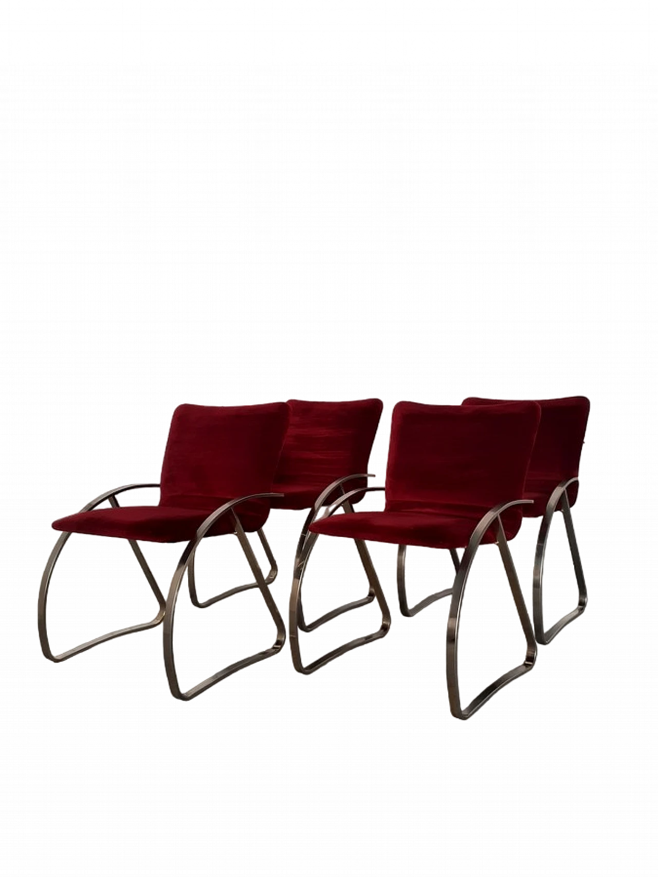 4 Armchairs with nickel-plated structure & red velvet covering, 1970s 12