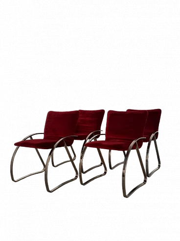 4 Armchairs with nickel-plated structure & red velvet covering, 1970s
