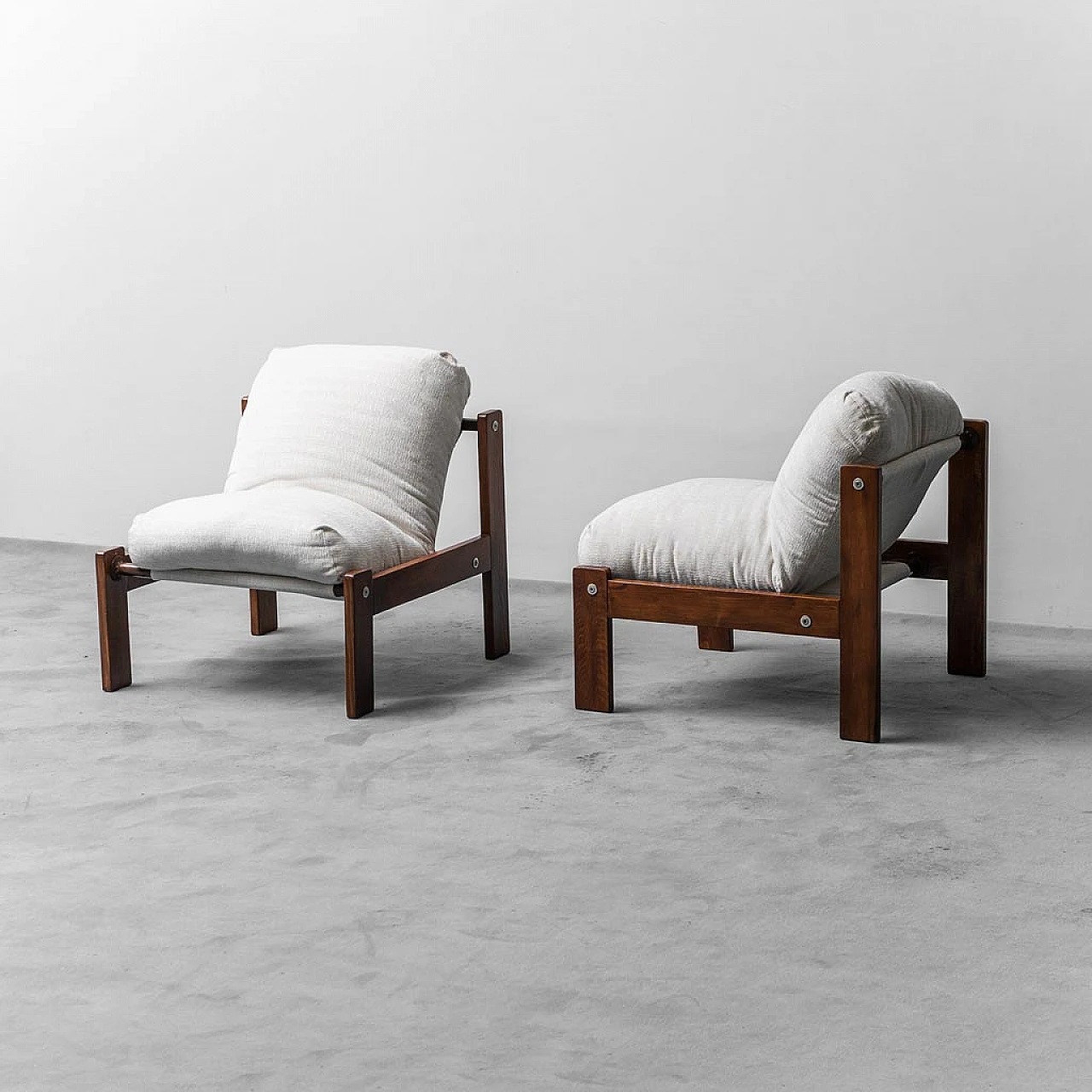 Pair of armchairs in wood and light fabric seat, 1970s 1