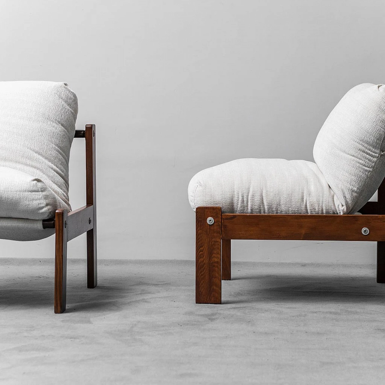 Pair of armchairs in wood and light fabric seat, 1970s 2