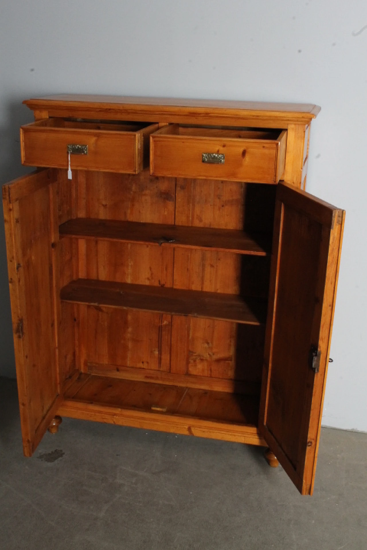 Wooden cupboard with drawers & hinged doors, 19th century 2