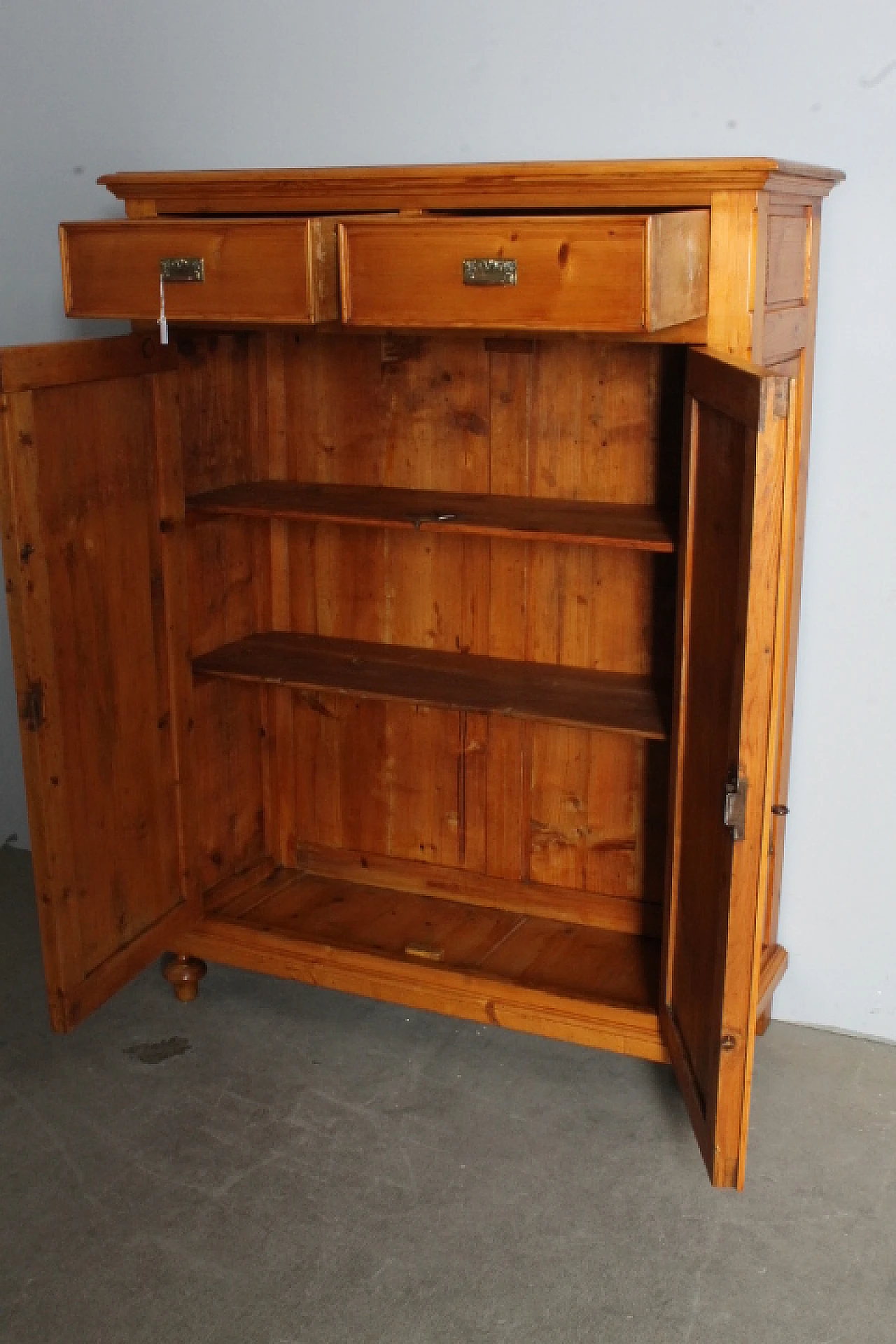 Wooden cupboard with drawers & hinged doors, 19th century 3