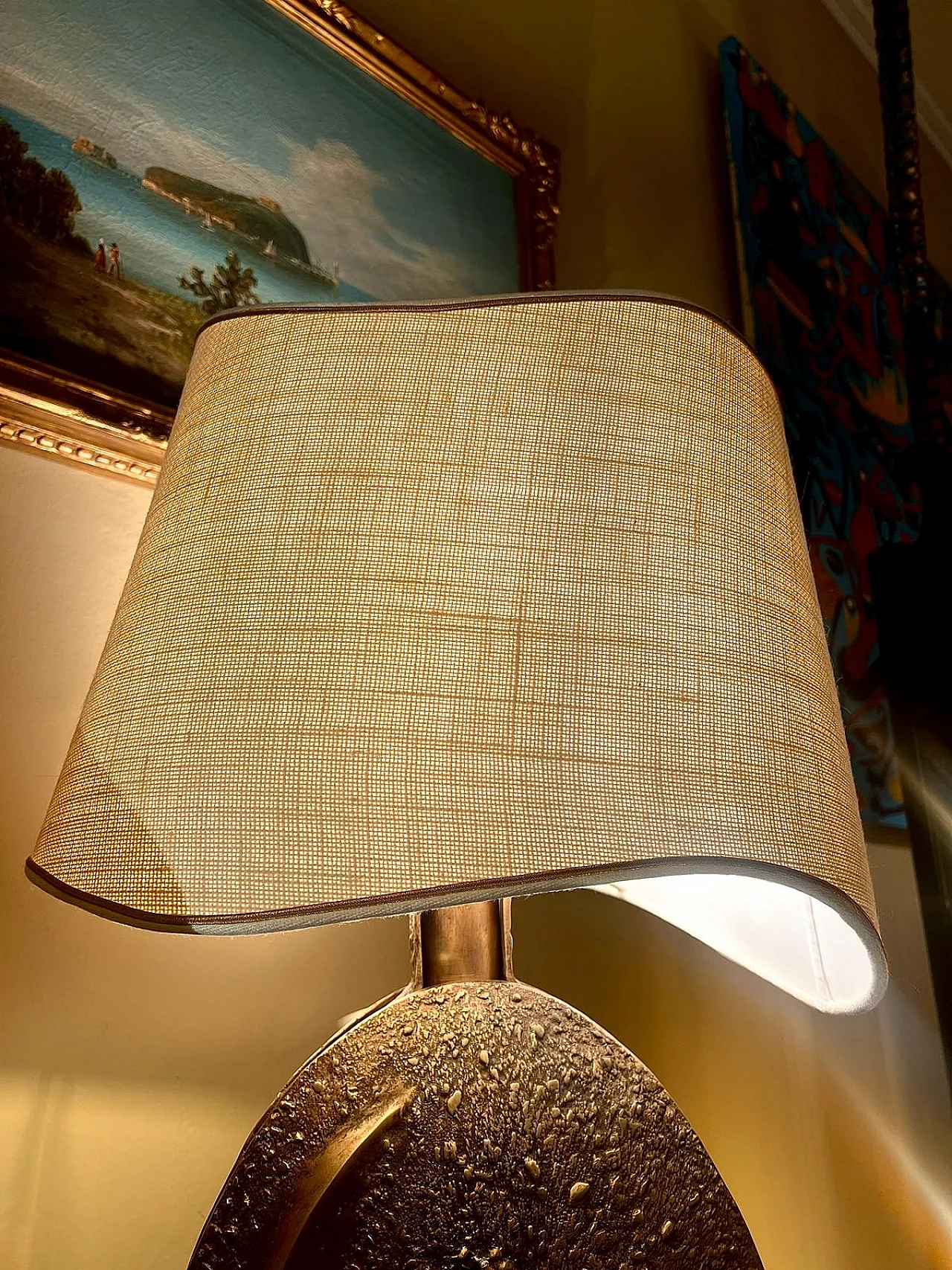 Table lamp with bronze base and fabric lampshade by Pragos, 1960s 5