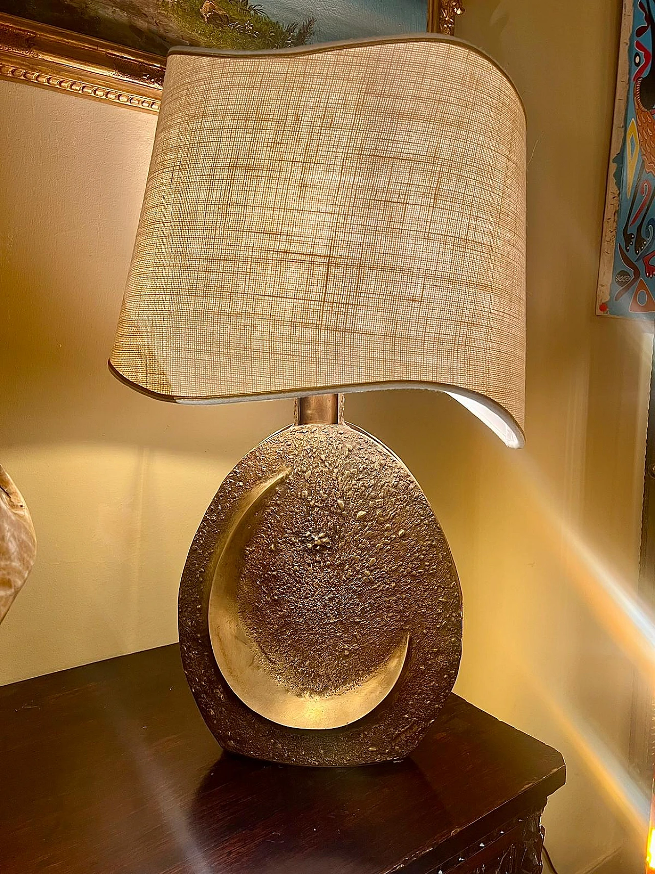 Table lamp with bronze base and fabric lampshade by Pragos, 1960s 7